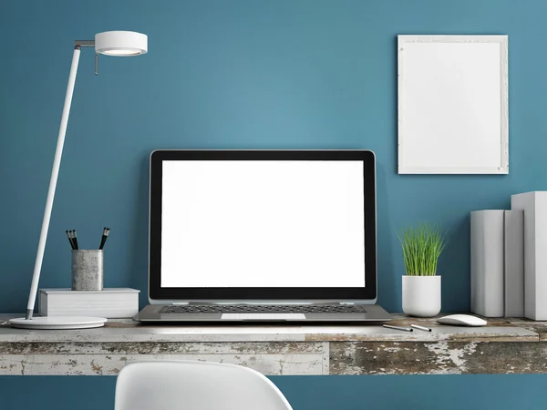 Ordenador portátil en mesa de madera, pared azul pintada — Foto de Stock