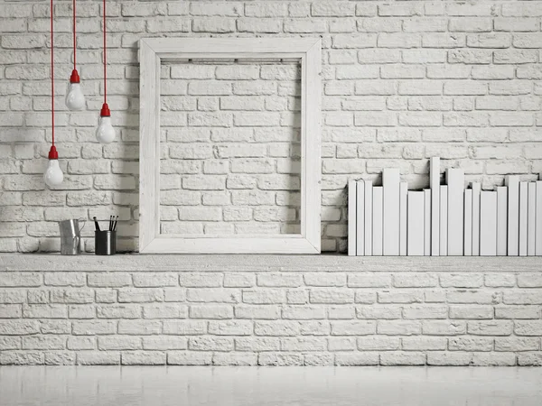 Bespotten van wit frame op witte bakstenen muur — Stockfoto
