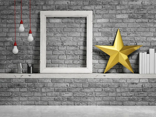 Bespotten van frame, bakstenen muur en gouden Kerstster — Stockfoto