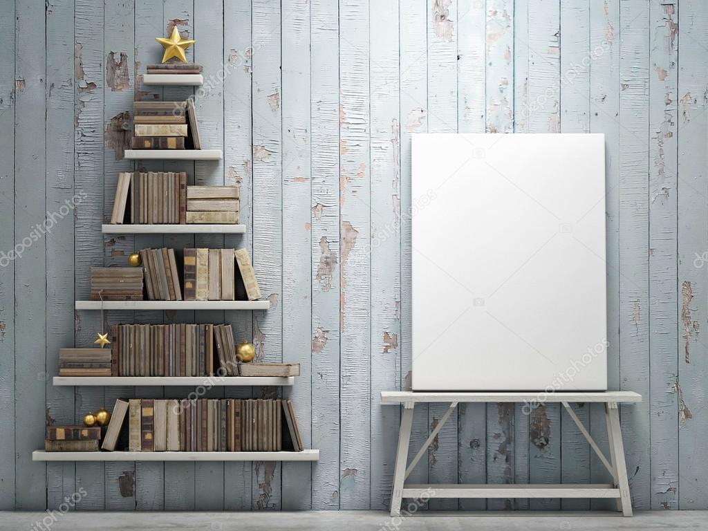 Mock up poster and bookshelf shaped christmas tree — Stock ...