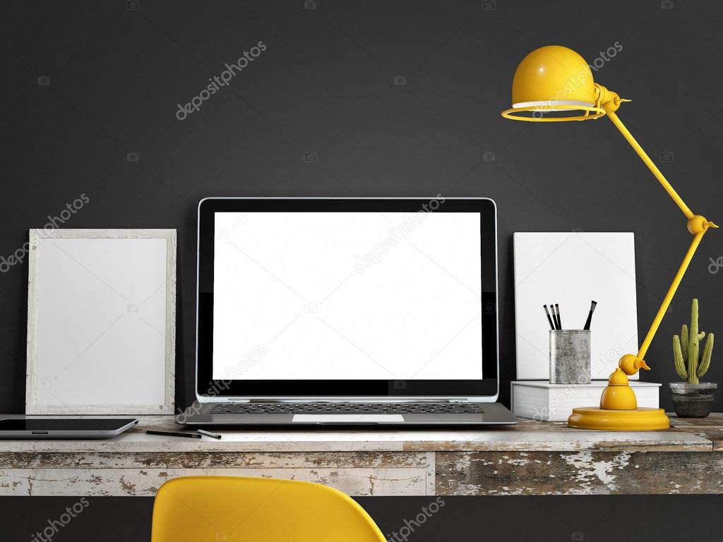Laptop on table, Grey wall background