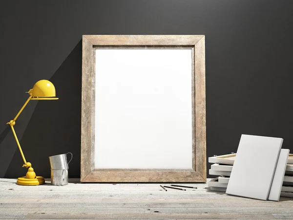 Mock up Frame on Wooden Floor, grey wall — Stock Photo, Image