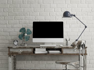 Tablo, beyaz tuğla arka yüzündeki LCD ekran yukarı alay