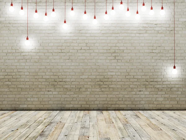 Brick wall with ligh bulbs, background — Stock Photo, Image