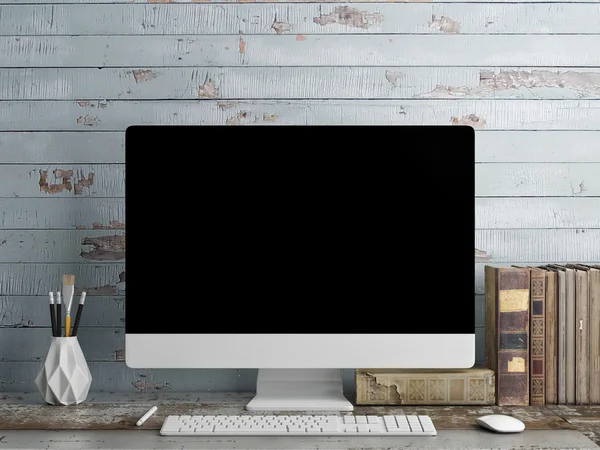 PC ekranı, mavi tahta arka plan dalga — Stok fotoğraf