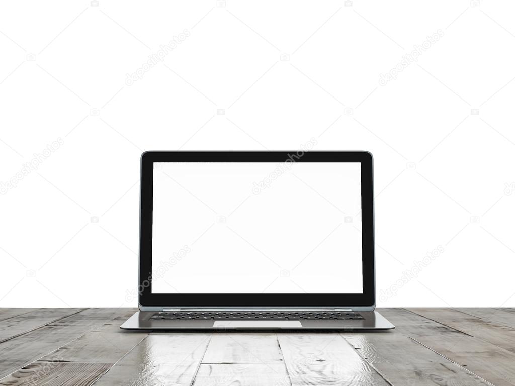 Mock up laptop on wooden table, isolated