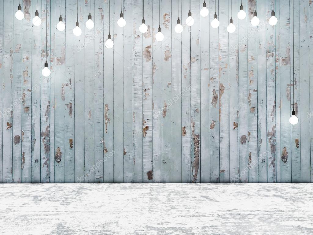 Blue wooden wall with ligh bulbs, background