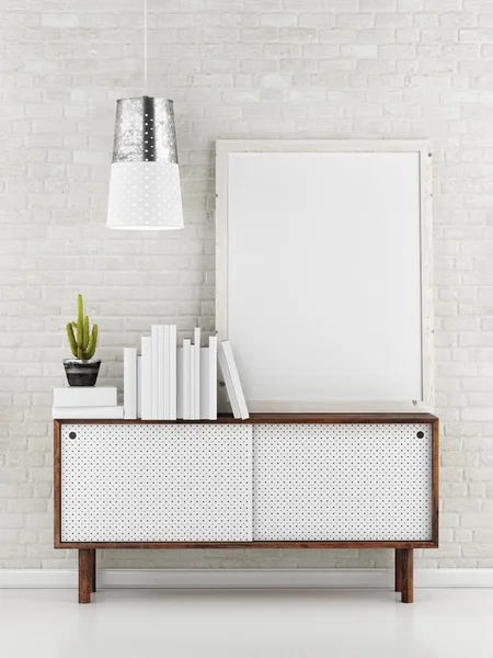 Poster Mock up, beyaz tuğla arka plan, illüstrasyon