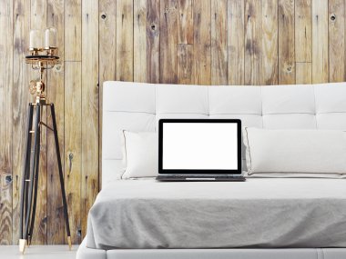 Mock up laptop on bed, 3d illustration