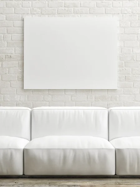 Плакат и белая кровать — стоковое фото