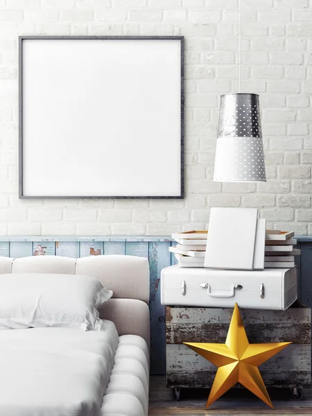 Mock up poster in slaapkamer — Stockfoto