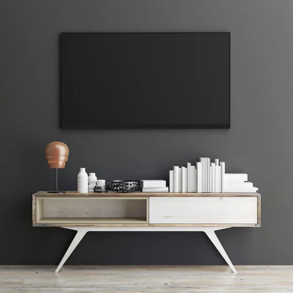 Mock up tv on grey wall, 3d illustration — Stock Photo, Image