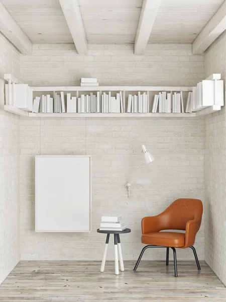 Mock up poster, bookshelf on white brick wall, 3d illustration — Stock Photo, Image