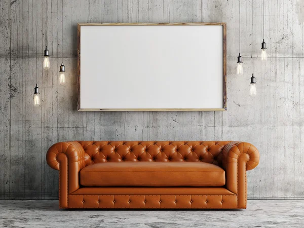 Mock up poster, leather sofa, concrete wall background — Stock Photo, Image