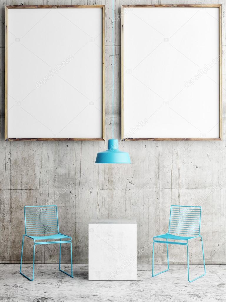 Mock up posters with blue chairs, 3d illustration