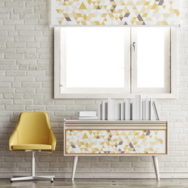 Fenster-Attrappe, Bücher und Stuhl auf weißer Ziegelwand, 3D-Render — Stockfoto