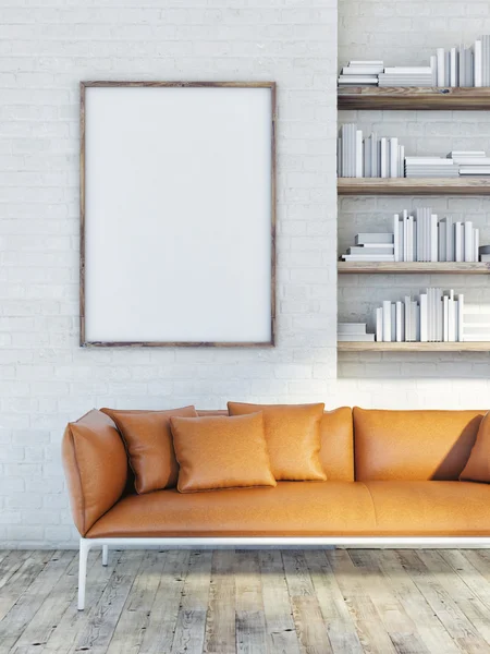 Cartel simulado en la pared de ladrillo, sofá de cuero, ilustración 3d —  Fotos de Stock