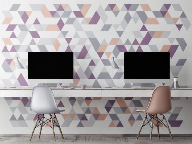 Mock up office, wall geometric decoration, 3d illustration