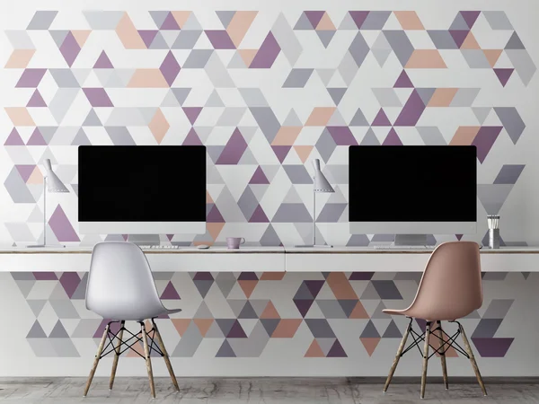 Mock up escritório, decoração geométrica da parede, ilustração 3d — Fotografia de Stock