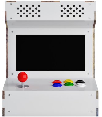 Oyun arcade makinesi, loft, 3d render sahte