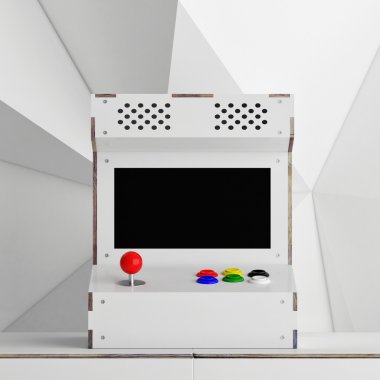Oyun arcade makinesi, loft, 3d render sahte