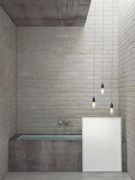 Dachboden-Badezimmer mit Poster-Attrappe, 3D-Render — Stockfoto