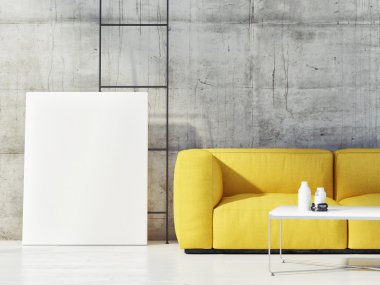 Close up mock up poster with yellow sofa, 3d render