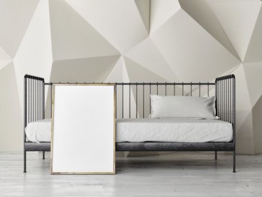 Bedroom retro single bed with mock up poster