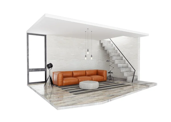 Konzept Wohnzimmer Loft-Vorlage, 3D-Render — Stockfoto