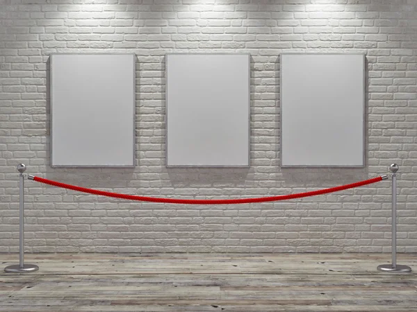 Gallery mock up poster with stand barriers, 3d render — 图库照片