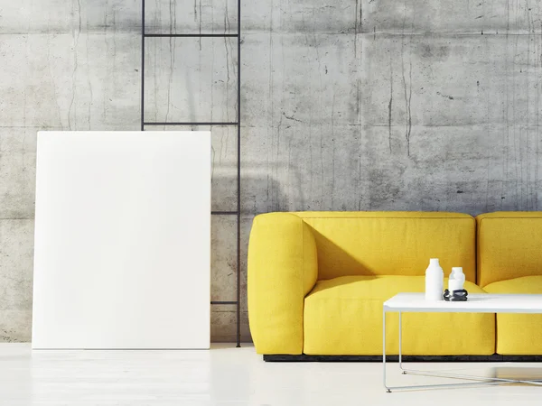 Close up mock up poster with yellow sofa, 3d render — Stok fotoğraf