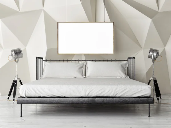 Bedroom retro duble bed with mock up poster — 스톡 사진