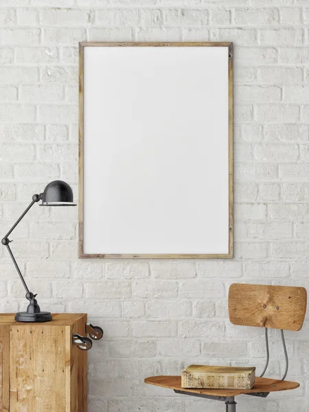 Cartaz em branco branco na parede de tijolo branco, Template Mock up para o seu conteúdo, renderização 3d — Fotografia de Stock