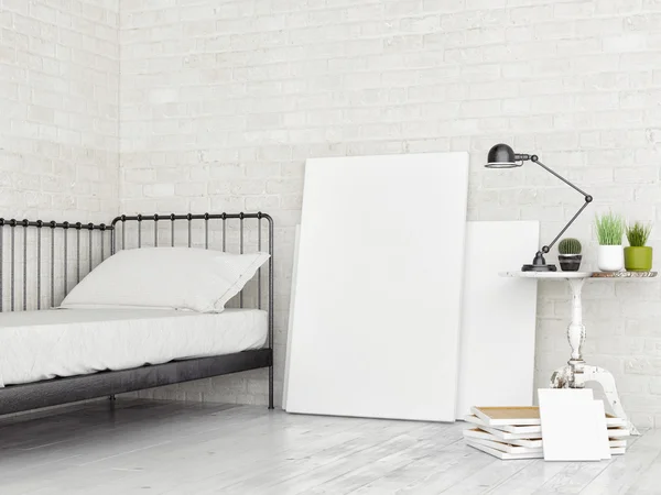 Lona blanca en blanco en estudio Loft, cama retro, 3d render — Foto de Stock