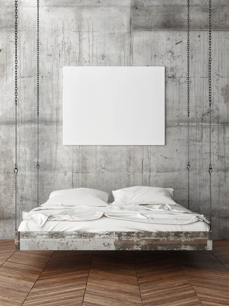 Plakat na ścianie betonowej, puste łóżko, 3d renderowania — Zdjęcie stockowe