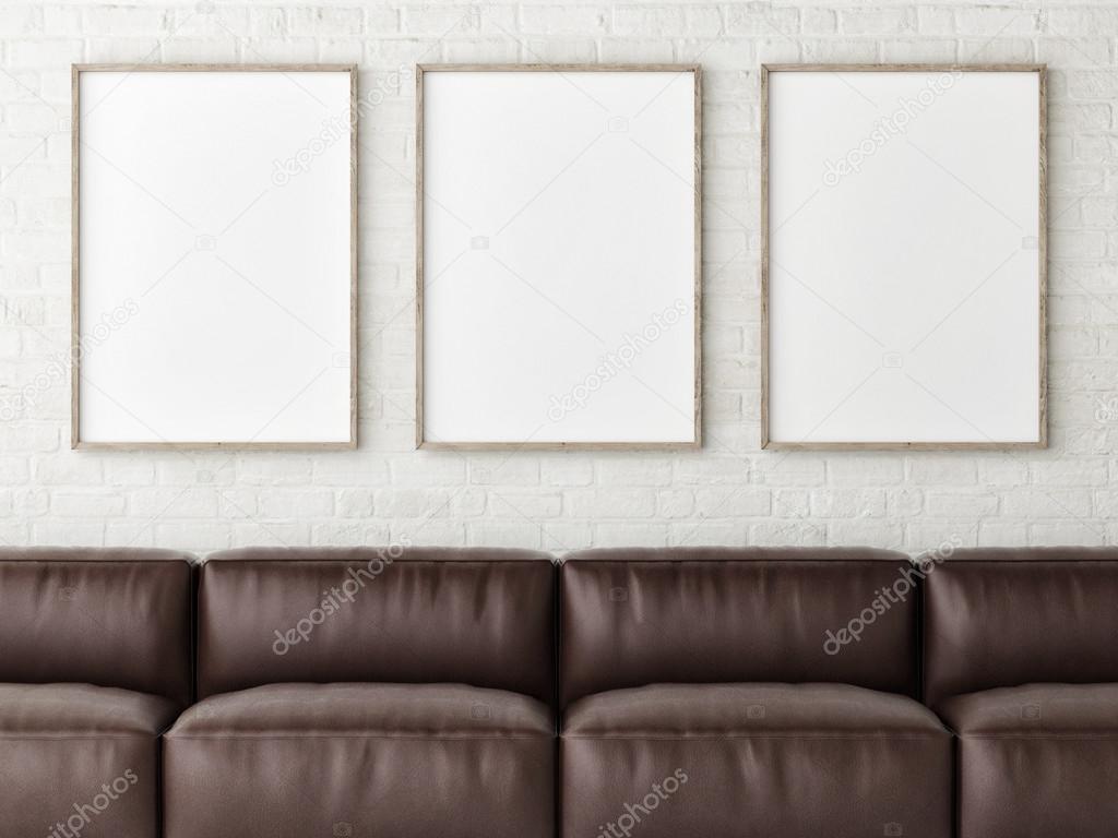 Three mock up white posters with brown leather sofa, 3d render