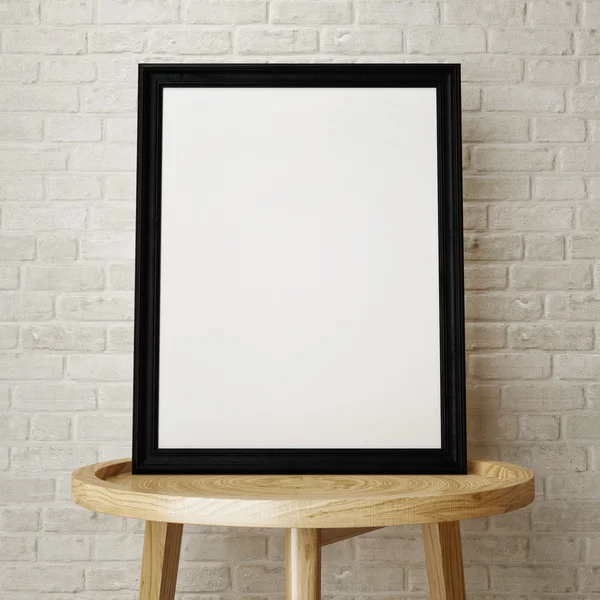 Mock up quadro preto na mesa baixa de madeira, 3d renderização — Fotografia de Stock