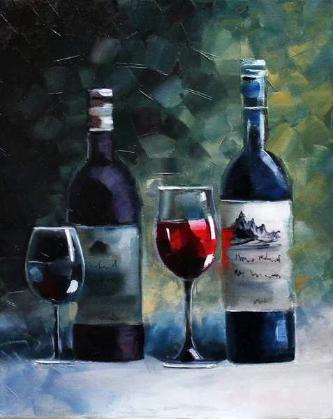 ワインとグラスはまだ生きていて油絵具で — ストック写真