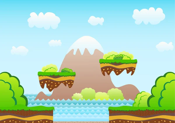 Seamless game background. Cartoon landscape, mountains, sea, bushes, beach.