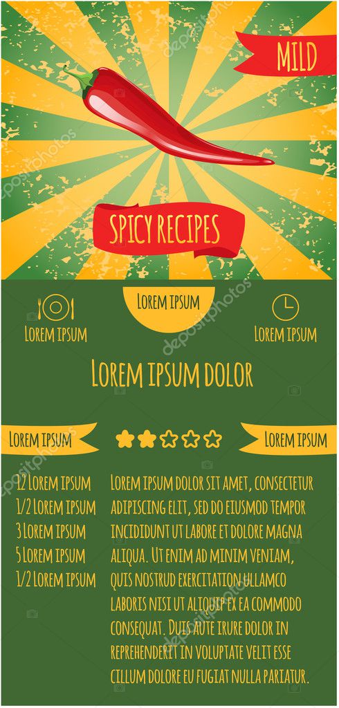 3 つのチラシのデザインのレシピのスパイシーな料理。程度 軽度