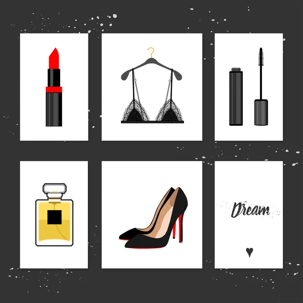 Ensemble d'éléments de mode. Rouge à lèvres, soutien-gorge en dentelle noire, chaussures, mascara , — Image vectorielle