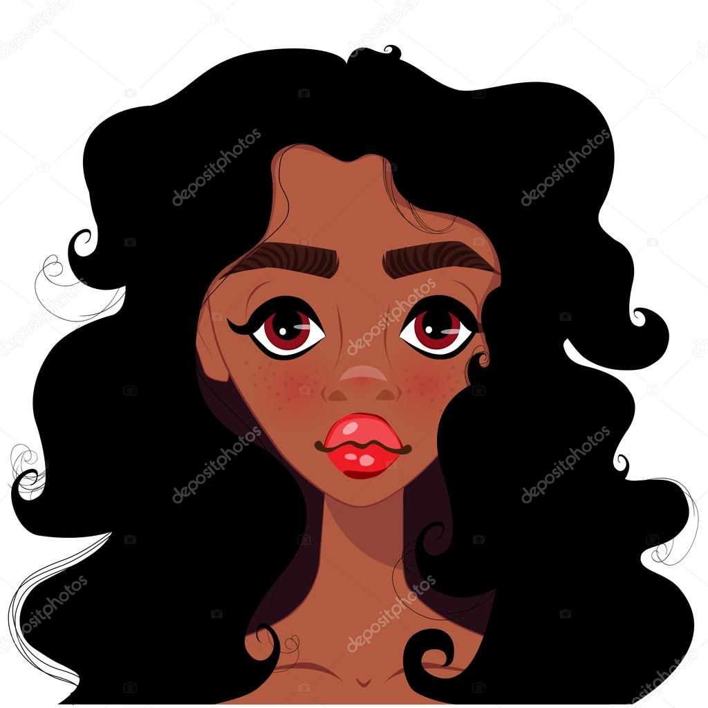 Beautiful  african american  girl. Vector illustration. Portrait.Model with beautiful long curly hair.Fashion illustration