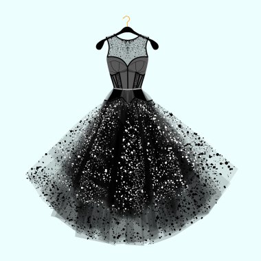 Beautiful party dress. Black dress with  rhinestones. Fashion illustration clipart