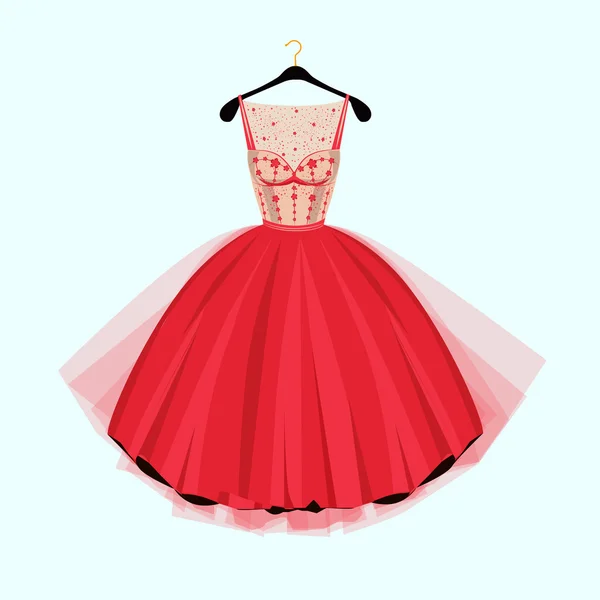 Kırmızı parti elbise. Kırmızı vintage tarzı parti elbise çiçek dekorasyonu ile. Vektör çizim. Moda couture elbisesi — Stok Vektör