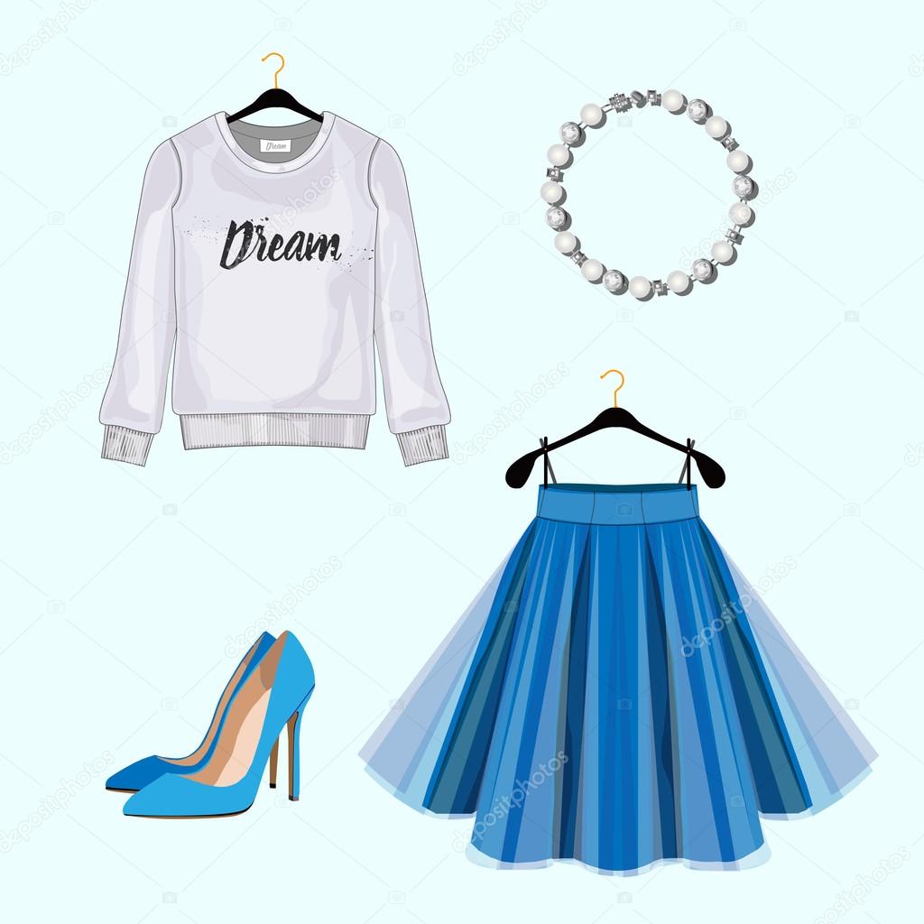 Set of women fashion clothes for shopping catalog. Vector sweatshirt, skirt,shoes,pearl bracelet. Fashion illustration.