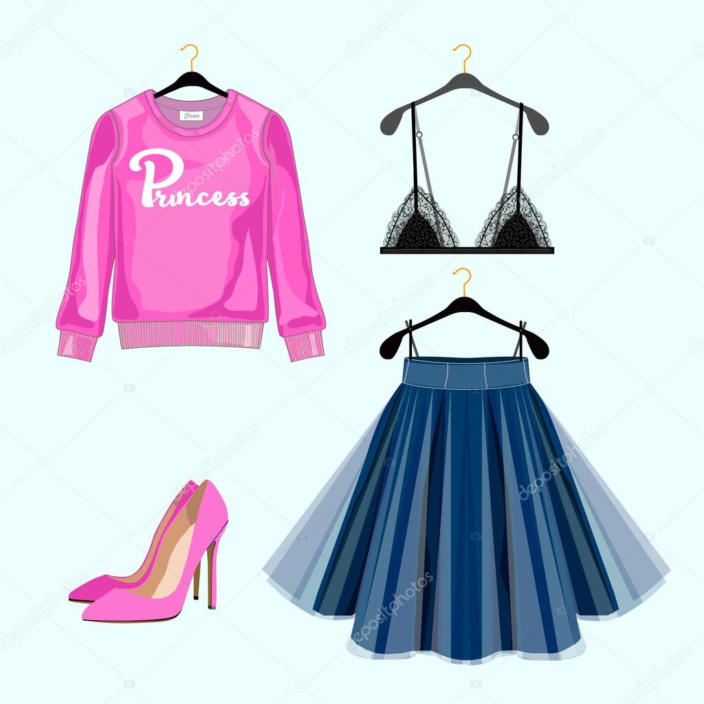 Set of women fashion clothes for shopping catalog. Vector sweatshirt, skirt,shoes,