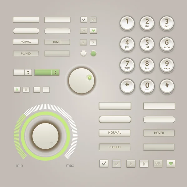 Elementos de la interfaz de usuario: Botones, Conmutadores, On, Off, Reproductor, Audio, Vídeo, Teclado para el teléfono. Botones de vectores, formularios, ventanas y otros elementos de interfaz. Fondo vectorial aislado . — Archivo Imágenes Vectoriales