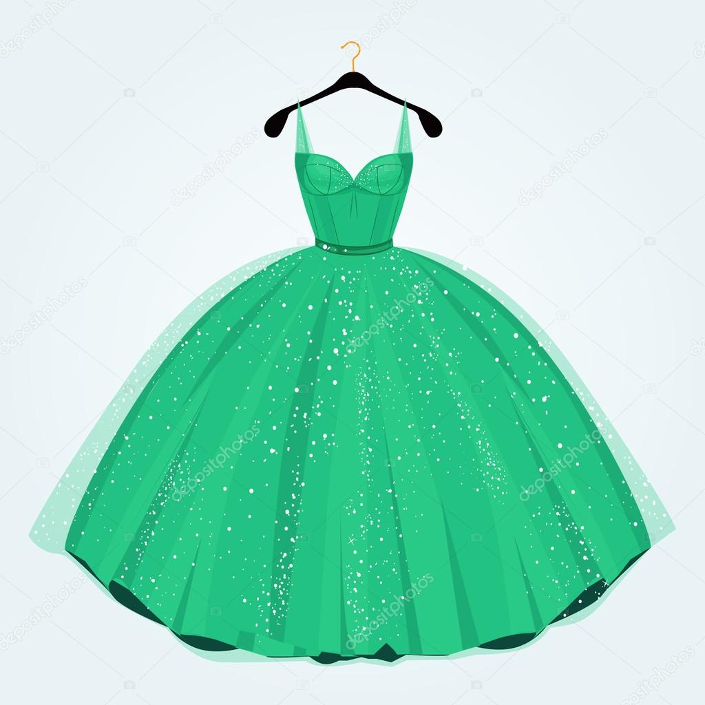 Green dress for special event on hanger. Party dress.Vector illustration