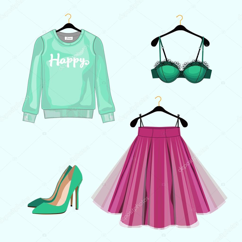 Set of women fashion clothes for shopping catalog. Vector sweatshirt, skirt,shoes, lace bra. Fashion illustration.