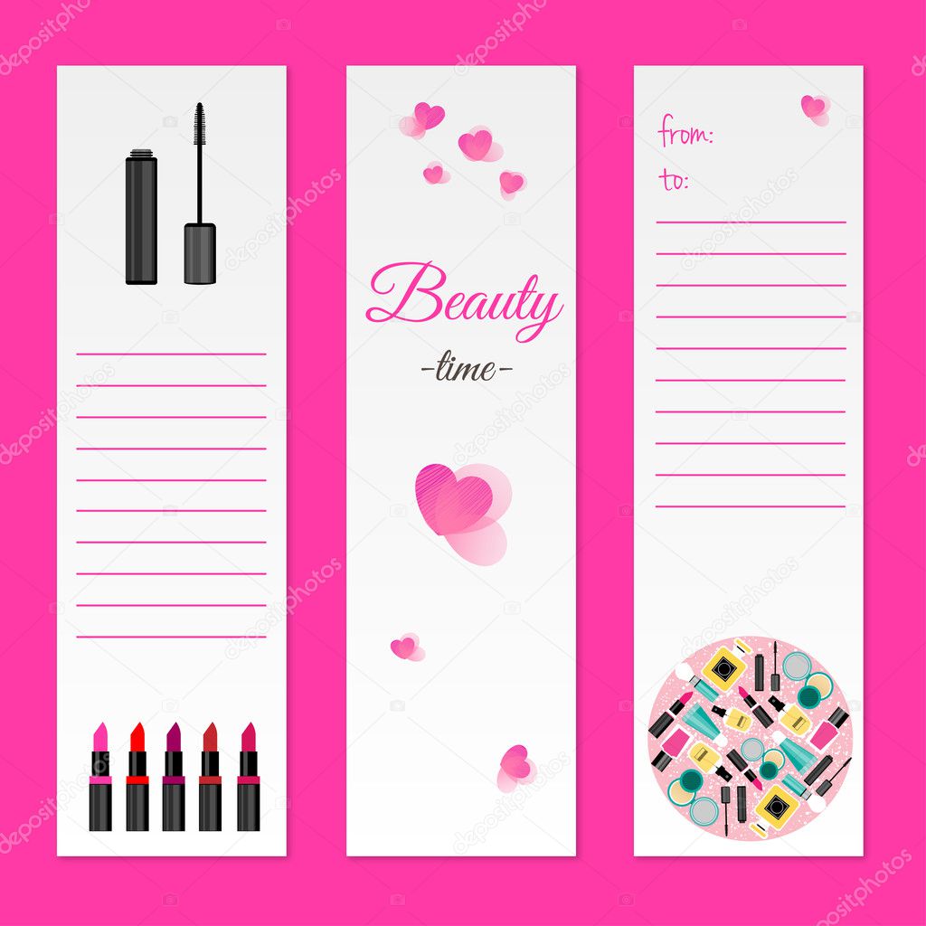 Set of beauty style gift cards with lipstick,mascara. Stock vector illustration